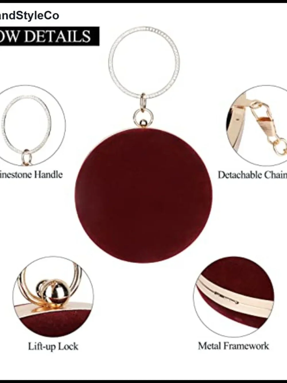 Round Velvet Clutch Purse Formal Evening Bag with Chain